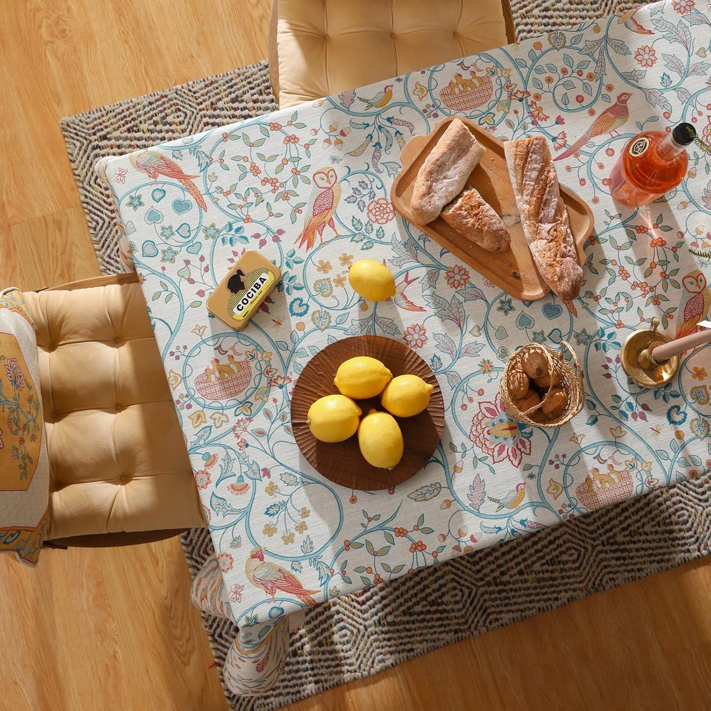 patdrea Designer French Tablecloth for Rectangle Table,Floral Birds Pattern Linen Table Cloth,Fall Yellow Decorative Cover for Kitchen Dining Banquet,Christmas,Thanksgiving,55"x87"-Magnolia