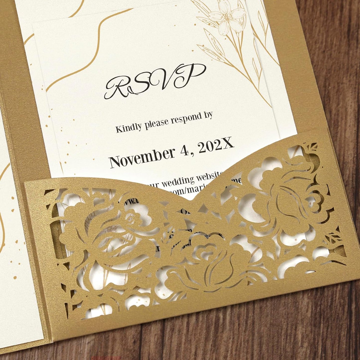 DORIS HOME 50pcs Laser Cut Wedding Invitation Pockets with Envelopes Gold, 5.12" x 7.12"Invitation Cards for Wedding, Anniversary (No Inserts Included)