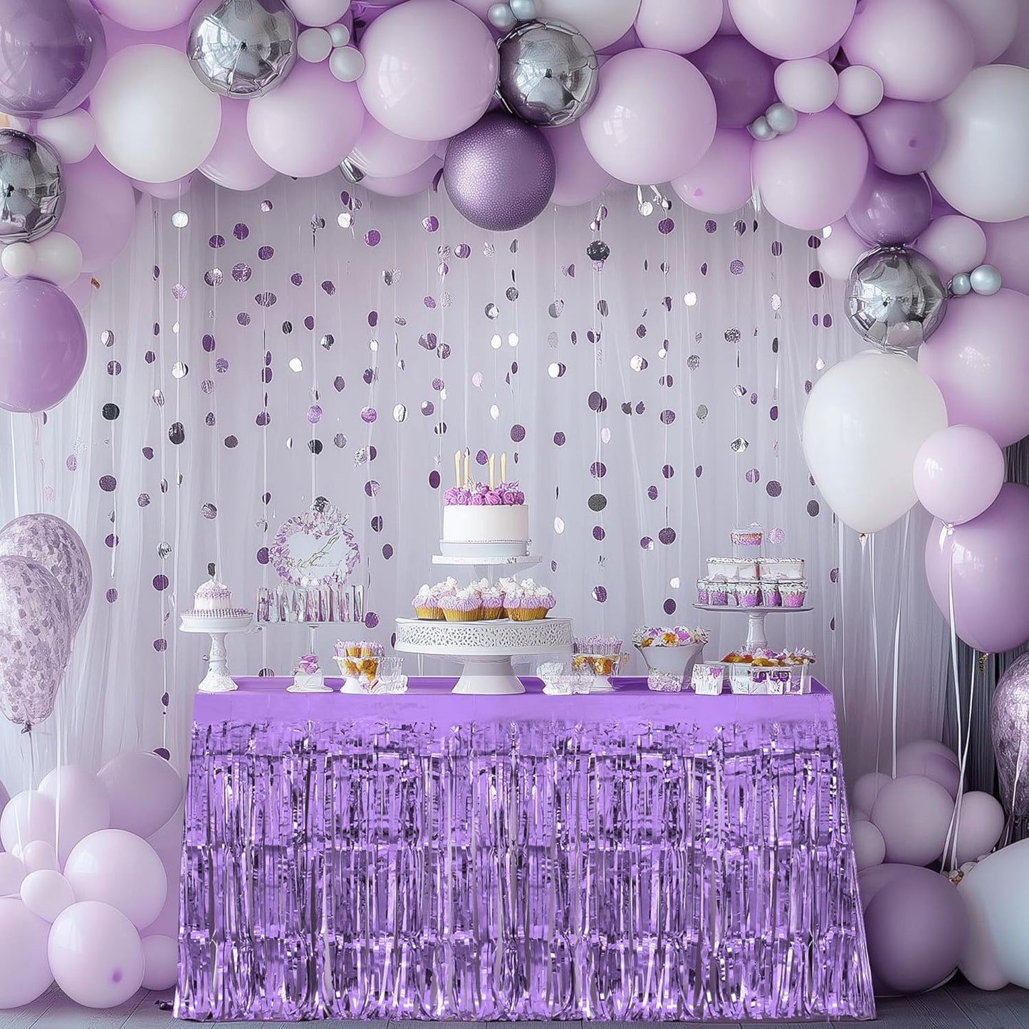 4 Pack Blue Purple Series Table Skirts, 29x108" Metallic Foil Tinsel Fringe Table Skirt for Rectangle Tables Streamer Curtains Backdrop, Party Decorations for Birthdays, Weddings, Holidays