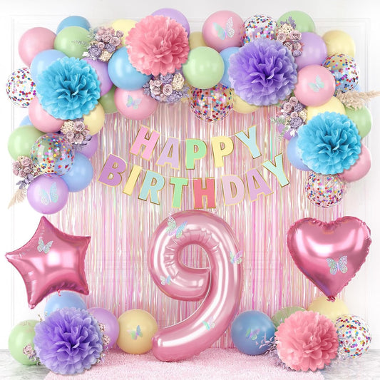 Pastel 9th Birthday Party Decorations for Girls Number 9 Balloon Happy Birthday Banner Butterfly Stickers Fringe Curtain Paper Pom Poms Macaron Pink Star Heart Foil Colorful Balloons 9 Year Old Decor