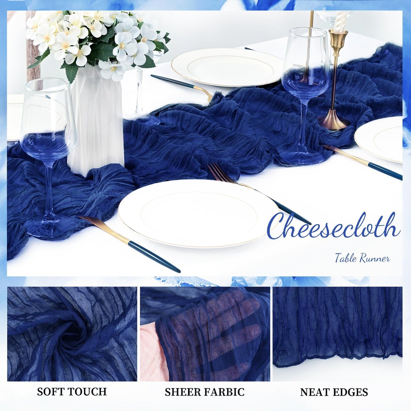 10FT 20 Pack Royal Blue Cheesecloth Table Runner 20 x 120 Inch Long Rustic Gauze Cheese Cloth Table Runner for Wedding Bridal Baby Shower Table Decorations Boho Fabric Sheer Birthday Party Table Decor
