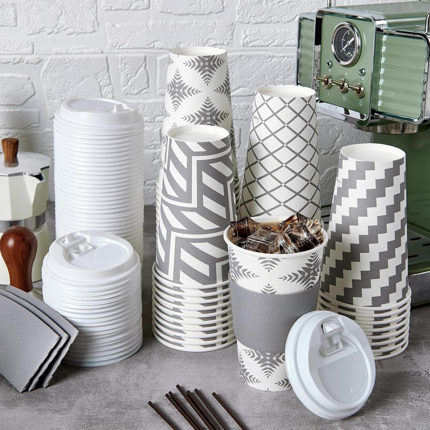 LITOPAK 100 Pack 16 oz Paper Coffee Cups, Disposable Coffee Cups with Lid, Sleeve, and Straws for Home, Stores, and Cafes