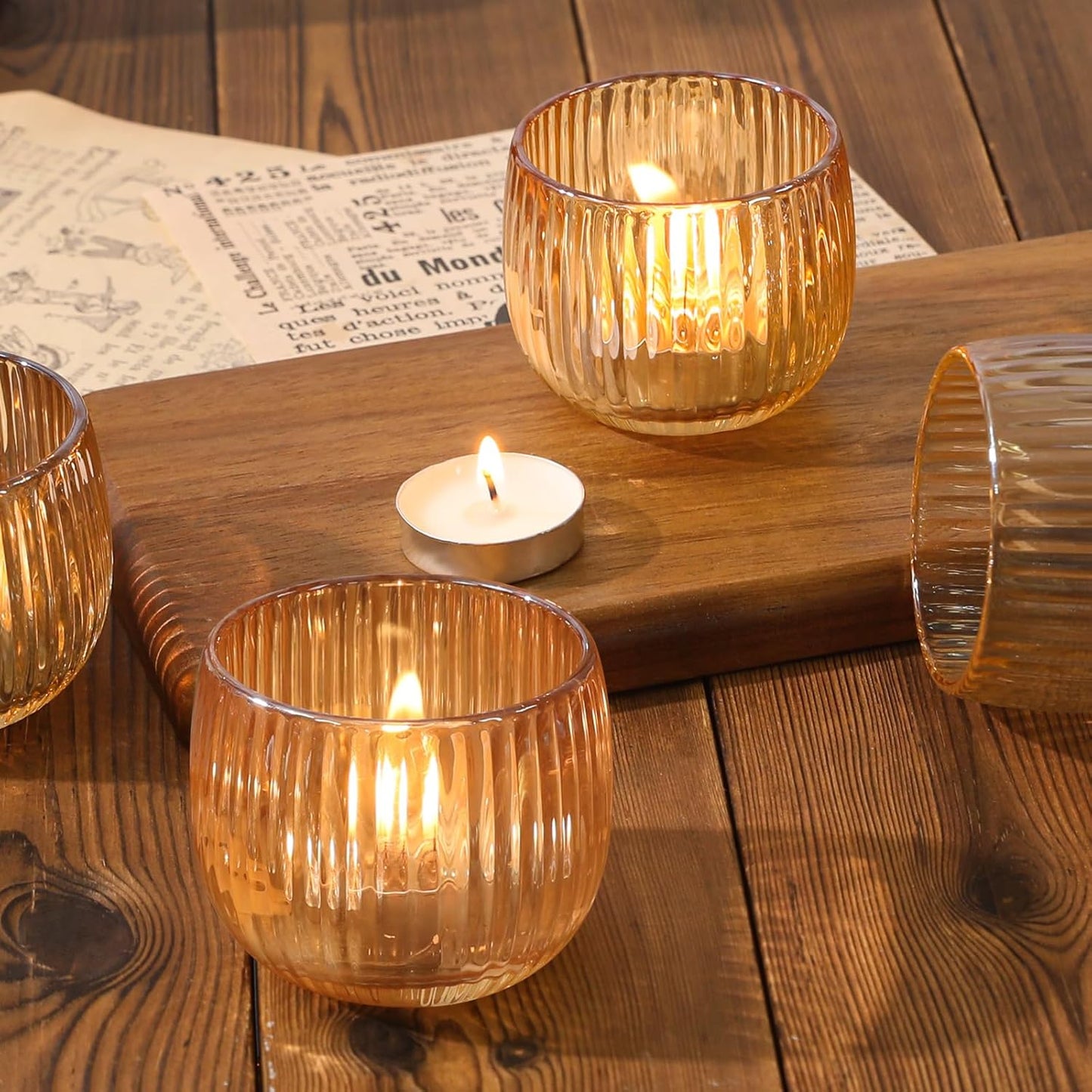 Set of 6 Ribbed Glass Votive Candle Holders, Gold Glass Tealight Holders for Taper Candles - Elegant Table Centerpieces for Weddings, Christmas, Parties, and Home Decor