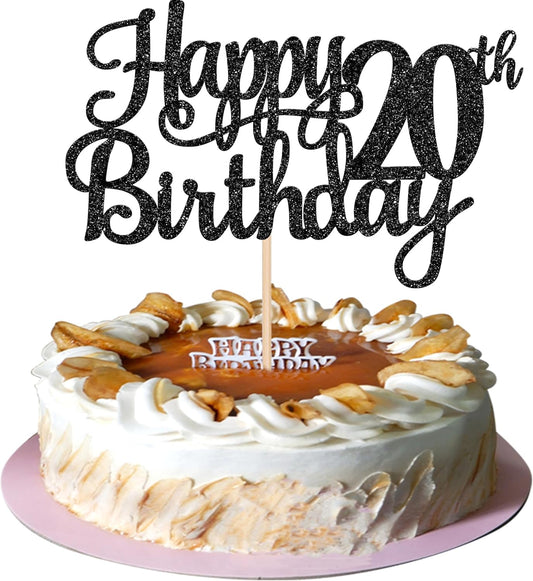 1 PCS Happy 20th Birthday Cake Topper Glitter Cheers to 20 Years Birthday Cake Pick Twenty 20 Fabulous Cake Decoration for Happy 20th Birthday Theme Party Decorations Supplies Black
