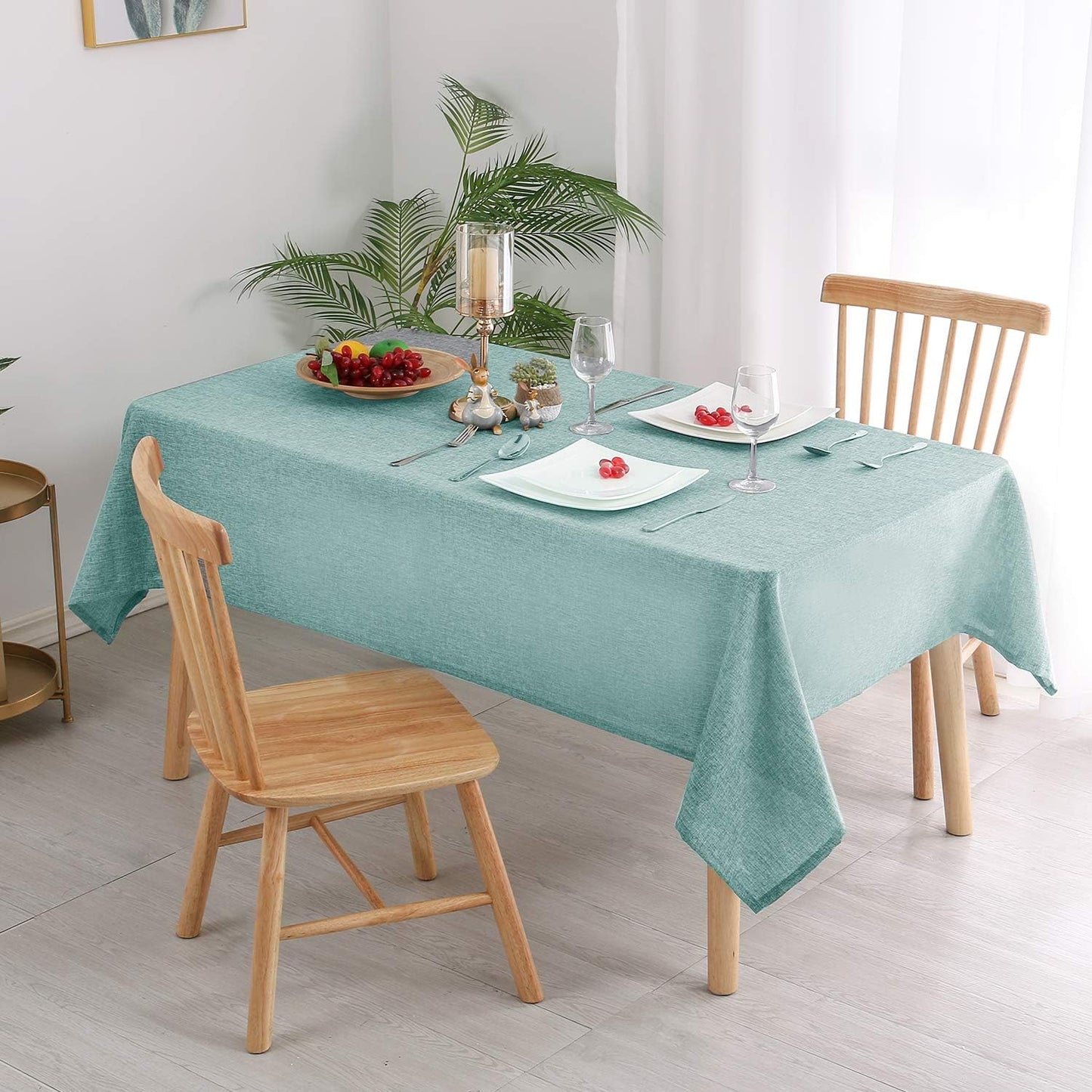 Hiasan 2 Pack Faux Linen Rectangle Tablecloth - Wrinkle and Stain Resistant Washable Table Cloth for Kitchen Dining Room Holiday Table Cover for Party Dinner, Aqua, 54 x 80 Inch