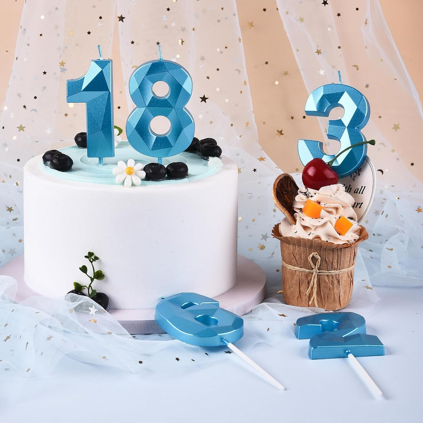 PHD CAKE 2.76 Inch Crystal Blue 4 Number Birthday Candles, Blue Number Candles, Cake Number Candles, Party Celebration