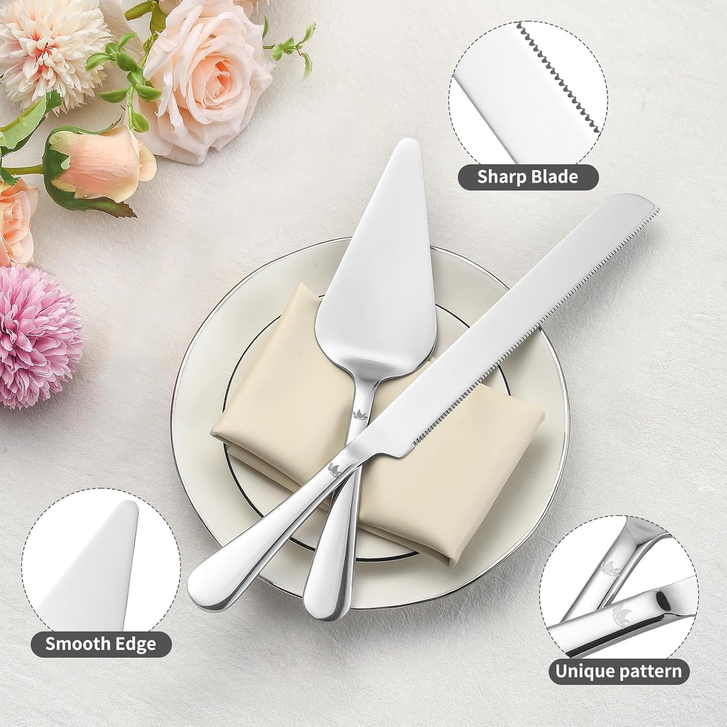 Cake Cutting Set for Wedding - Extended Cake Knife And Server Set Thickened Stainless Steel Cake Cutter and Pie Spatula Great for Birthday Anniversary Christmas Gift Silver 2 Pcs