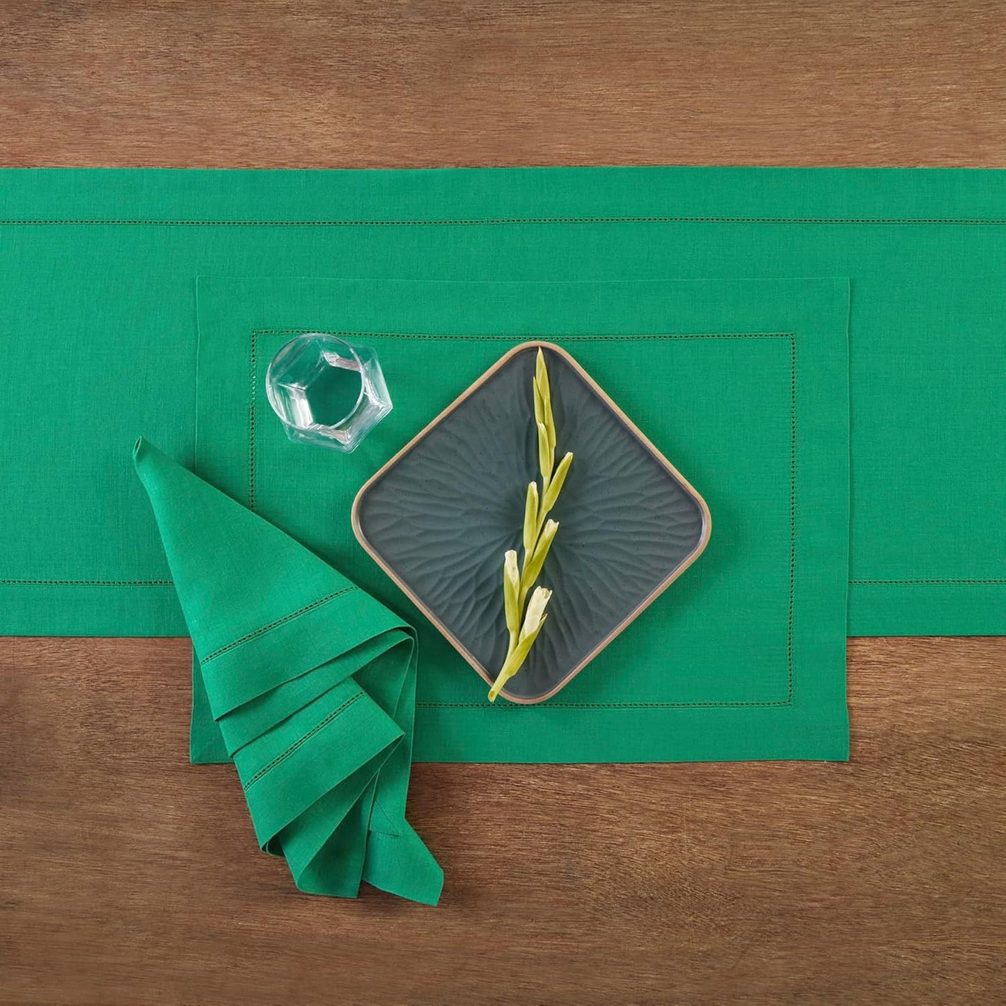 Solino Home Linen Hemstitch Table Runner 108 Inches Long - 100% Pure Linen Emerald Green Table Runner 14 x 108 Inch for Christmas - Classic Hemstitch