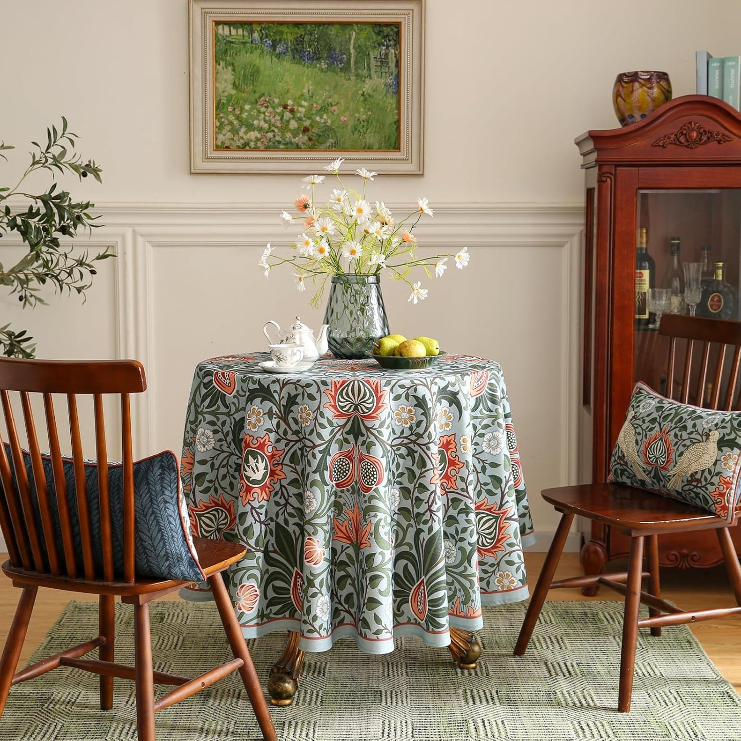 ISAENNE Designer Bohemian Linen Green Round Tablecloth,Floral Indoor Table Cloth,Stain Resistant Decor Tablecloths for Dining Thanksgiving Kitchen Party Christmas,Diameter 67"-Naples