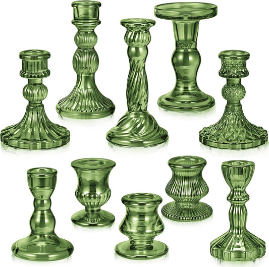 Mumufy 10 Pcs Glass Crystal Taper Candle Holders Clear Glass Candlestick Holder Fit 0.8 Inch Candles Crystal Decorative Candle Stand Centerpiece Table Wedding Dining Party (Classic,Green)