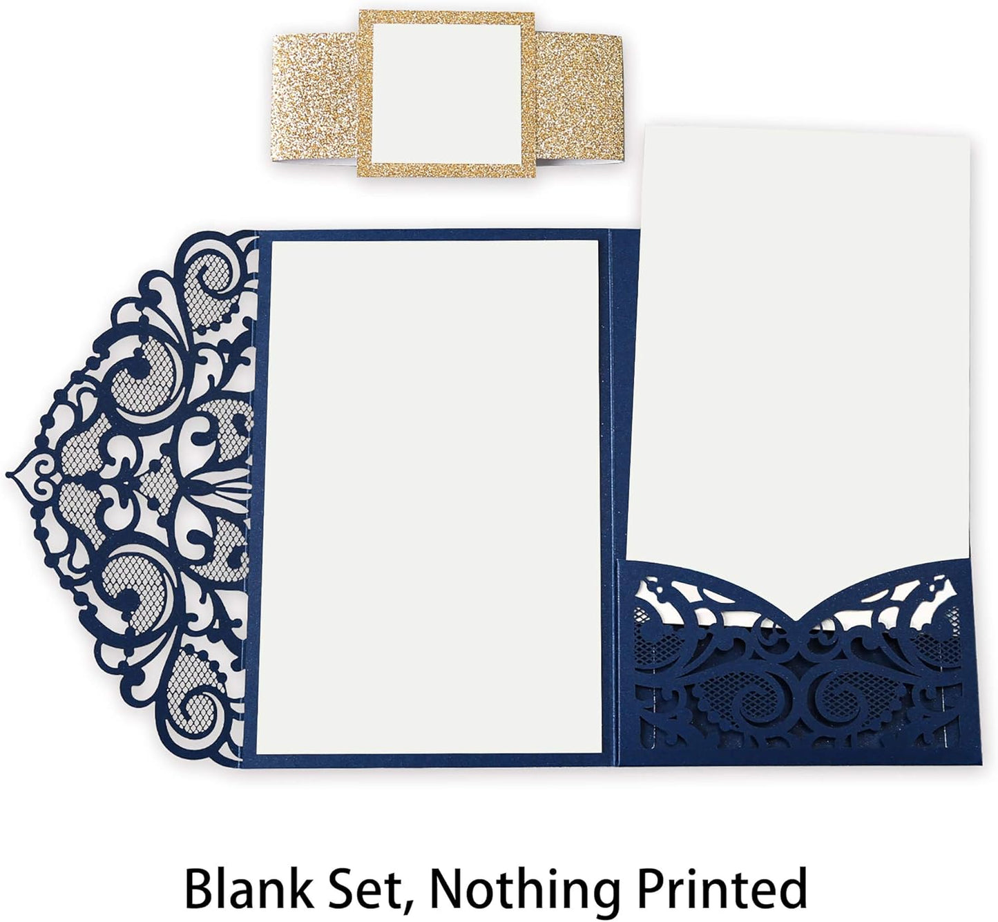 DORIS HOME 50PCS Laser Cut Wedding Invitations with Envelopes and RSVP Cards BLANK Inner With Gold Glitter Belly Band for Wedding Engagement Bridal Shower Party Invite 4.7x7 Inch Navy Blue