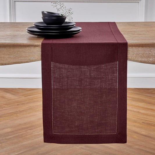 Solino Home Linen Table Runner 60 Inches - 100% Pure Linen Burgundy Hemstitch Table Runner 14 x 60 Inch Ideal for Dresser and Coffee Tables - Fall, Thanksgiving, Christmas, Holiday - Classic Hemstitch