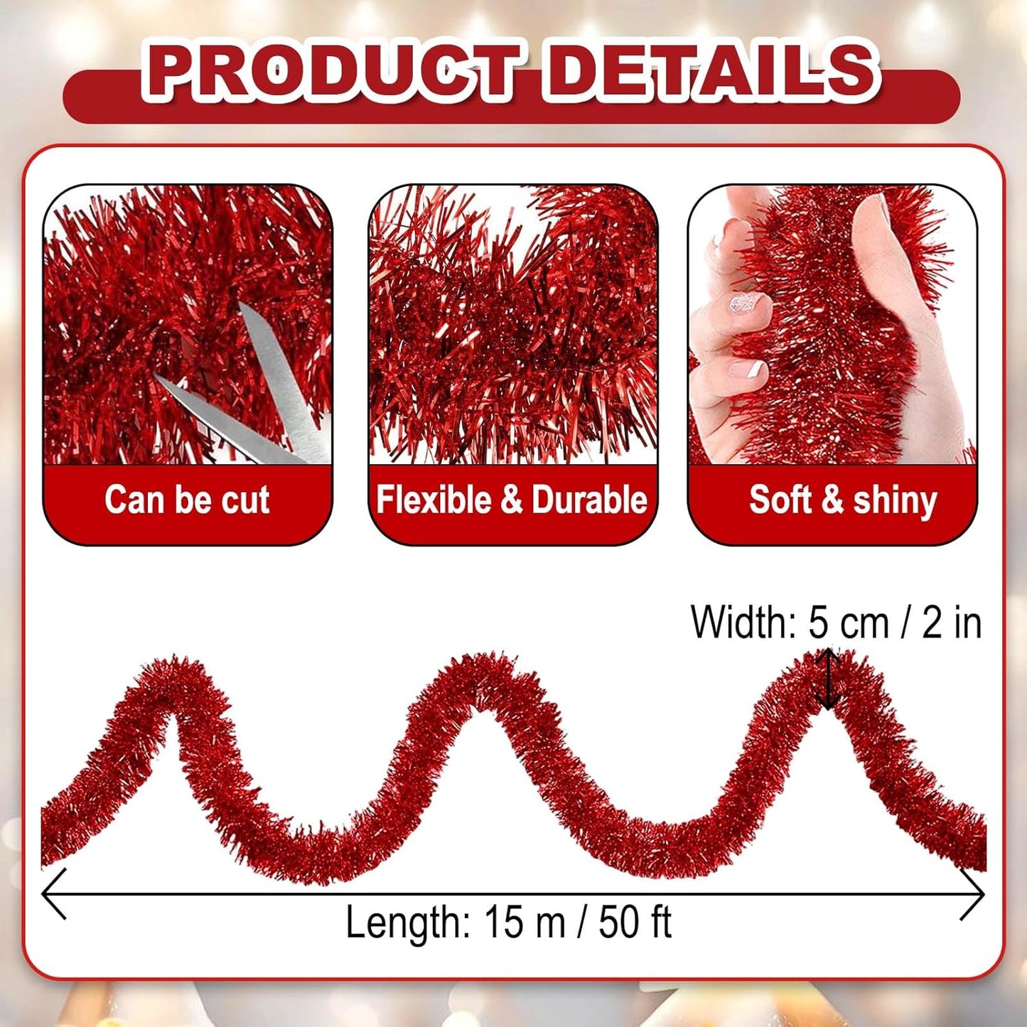 50 Feet Christmas Foil Fringe Banner Metallic Tassle Garland Metallic Backdrop Parade Floats Shiny Hanging Ceiling, Valentine's, Wedding, New Year Party Decorations(2" x 50', Red)