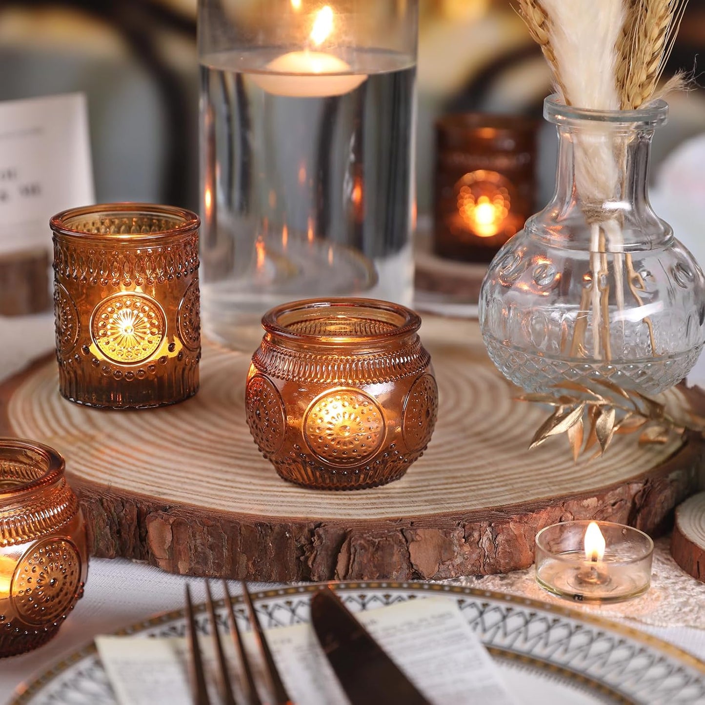 DARJEN 12Pcs Amber Votive Candle Holders - Vintage Glass Candle Holders for Flameless LED Tea Waxes, Tealight Candle Holder for Wedding & Home Table Decor, Vintage Parties