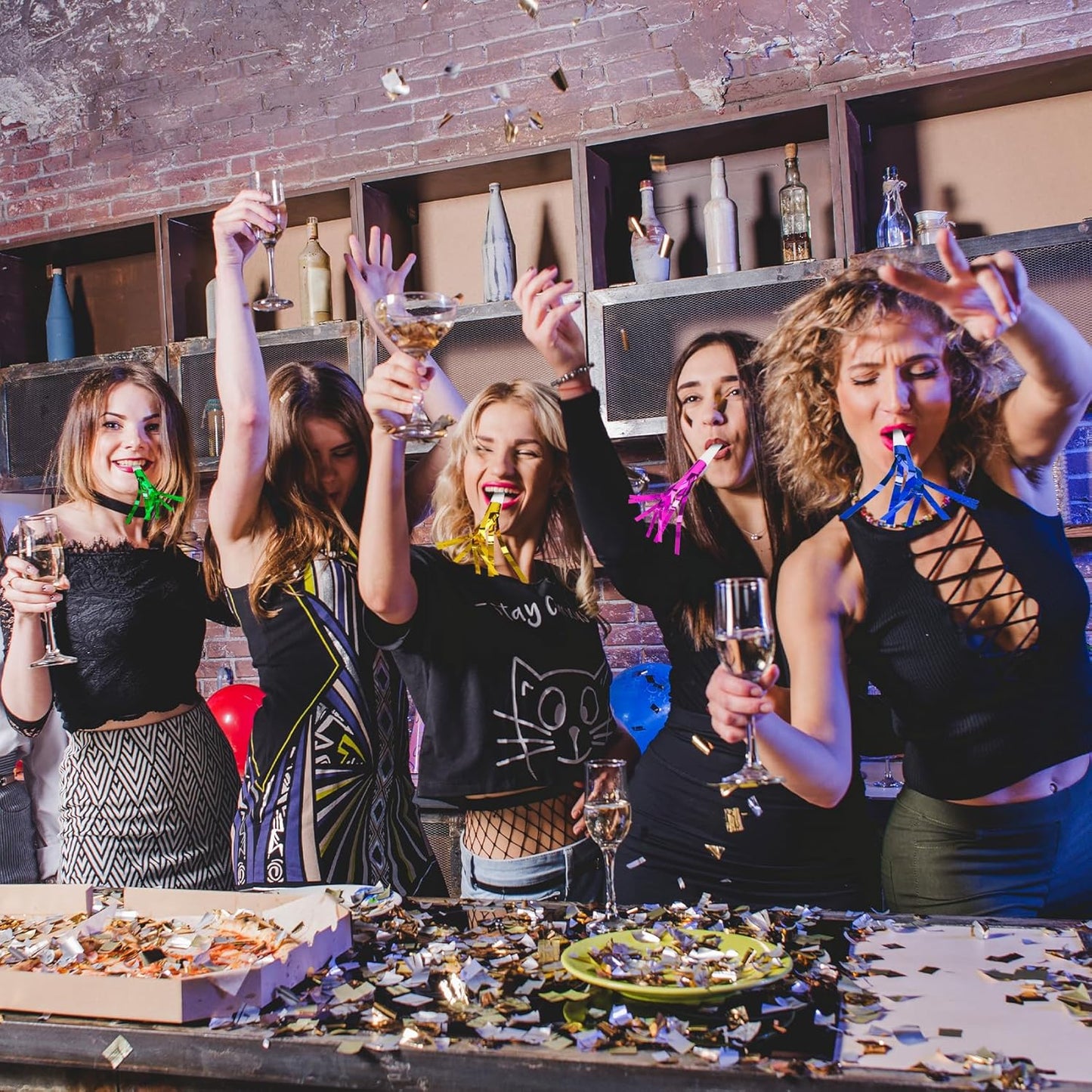 Party Blowers, 24 PCS New Years Noise Makers, Glitter Metallic Fringed Party Blowouts for Kids Birthday Graduations, Colorful Blow Horns Whistles for Christmas Weddings Family Sporting Events Supplies