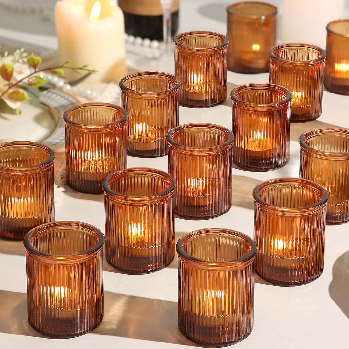 36pcs Amber Votive Candle Holders - Fall Decor, Ribbed Glass Tea Light Candle Holder, Candle Votives for Wedding Centerpiece & Home Decor
