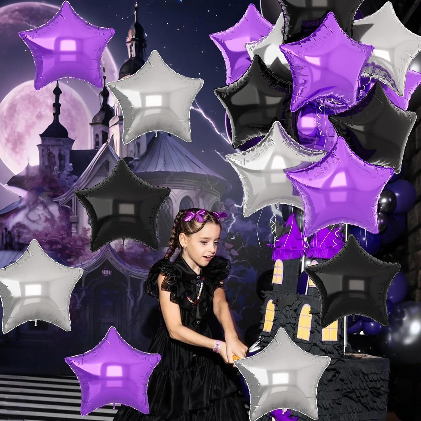 Purple Black Star Balloons 18Inch Lavender Purple Silver and Black Pentagram Foil Balloon 12Pcs Violet Stars Shape Foil Helium Balloon for Girls Women Birthday Graduation Halloween Cartoon Party Decor