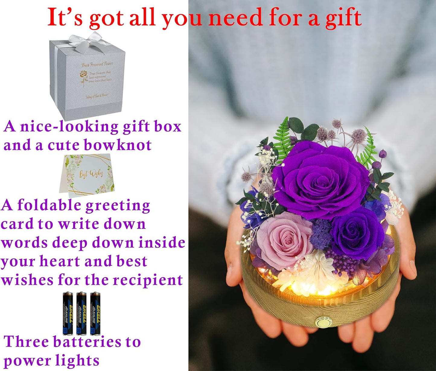 Valley of Rain & Forest Long-Lasting Real Flowers, Unique Floral Gift for You to Send Love for All Occasions, for Indoor Decoration (Dark Purple & Pink Roses Arrangement)