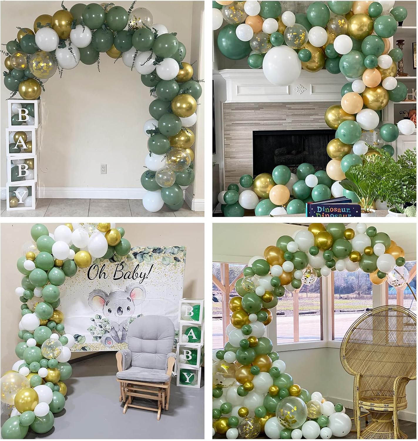 Sage Green Gold Balloons, 12 Inch Green White Metallic Gold Balloons, Olive Sand White Balloon Golded Confetti Latex Balloon for Birthday Wedding Baby Shower Party Decoration