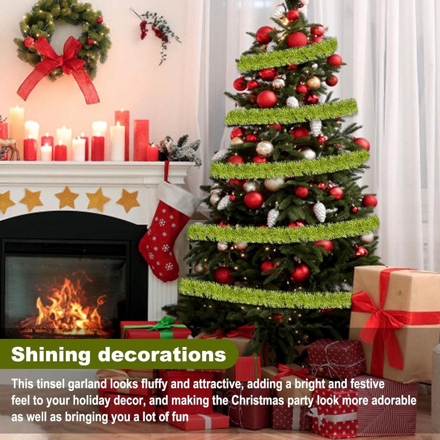 50 Feet Light Green Christmas Tinsel Garland, Metallic Foil Twist Garland Wall Hanging Tinsel Banner Backdrop for Parade Floats, Easter, Mother's Day, Wedding Party Decorations (2in x 50ft)