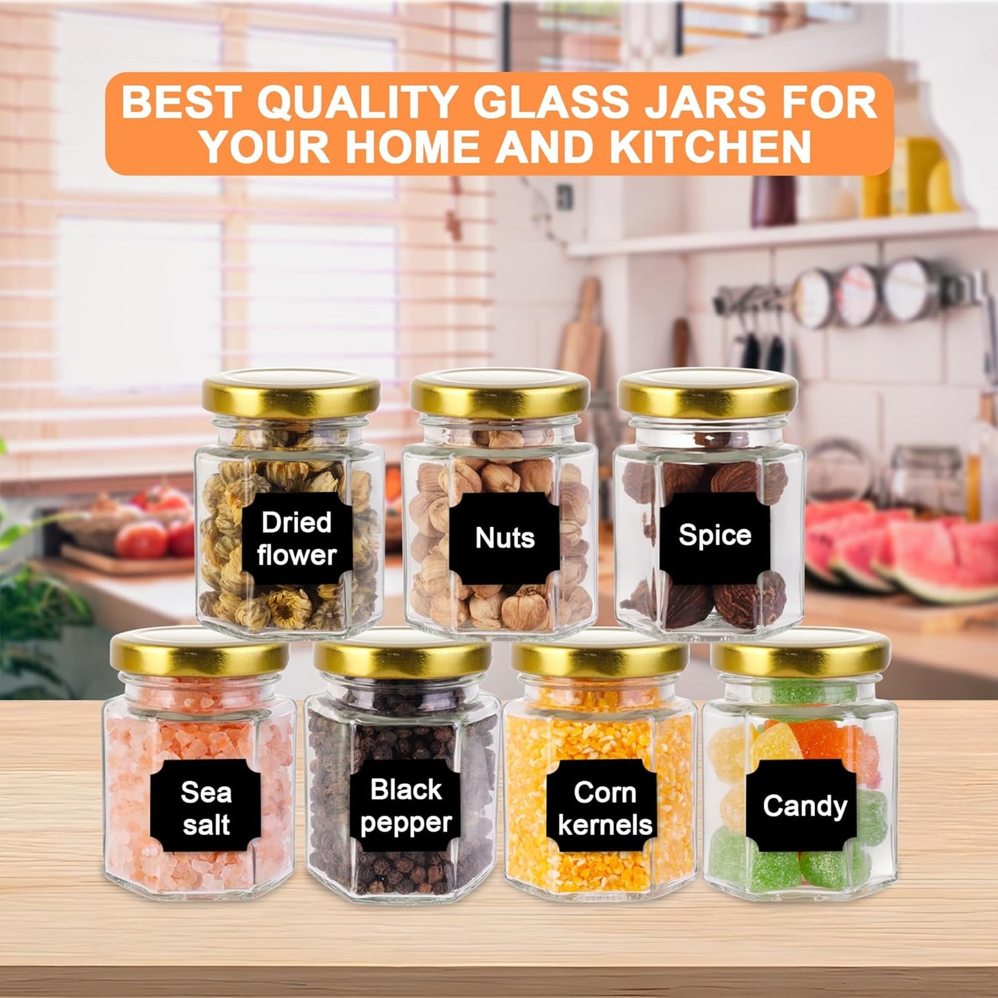 Small Glass Honey Jars with Lids 3oz,40 pack Airtight Glass Canning Jars with Gold Lids,Hexagon Glass Jars for Spice,Jam,Foods,Liquid,Baby Shower Favors,Wedding Favors,40 Labels