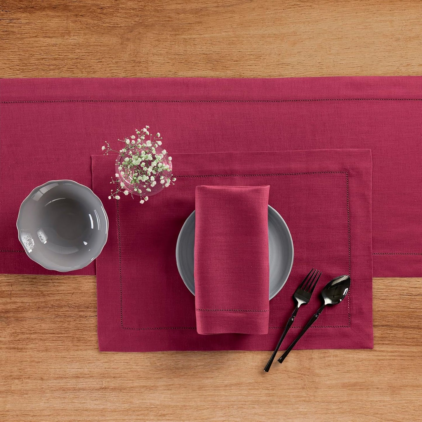 Solino Home Linen Beet Table Runner 120 Inches Long - 100% Pure Linen Hemstitch 14 x 120 Inch Table Runner for Dining, Fall, Autumn, Thanksgiving, Holiday - Classic Hemstitch