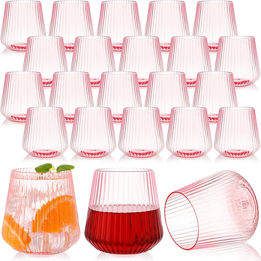 Suclain 50 Pcs Plastic Wine Glasses Pink Ribbed Stemless Wine 14oz Vertical Design Unbreakable Cups for Outdoor Indoor Vintage Elegant Champagne Whiskey Glasses for Christmas Party Wedding