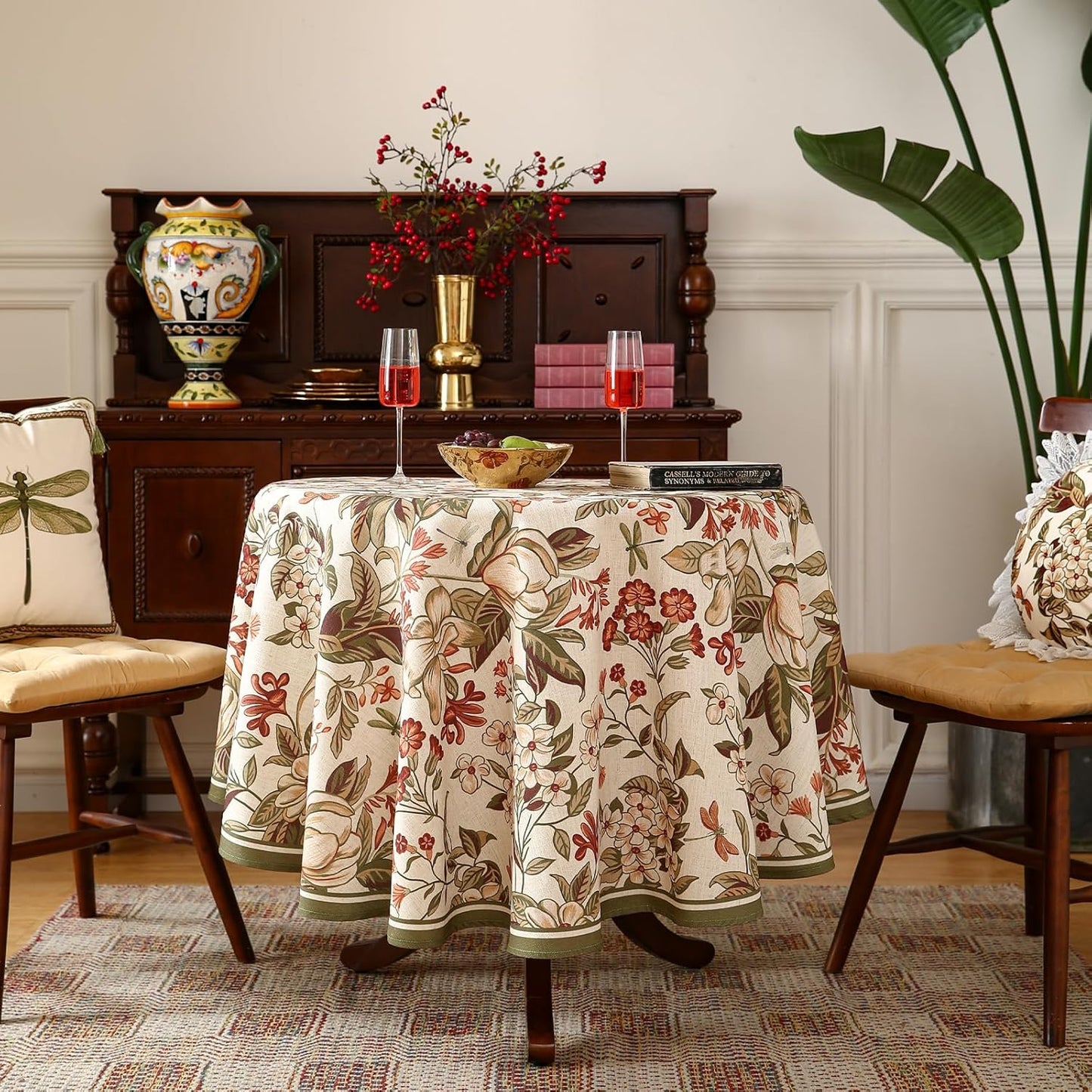 ISAENNE Designer Bohemian Linen Small Round Table Cloth,Colorful Floral Pattern Tablecloth,Wrinkle Resistant Decorative Tablecloths for Dining Thanksgiving Kitchen Party,Diameter 55"-Grace A