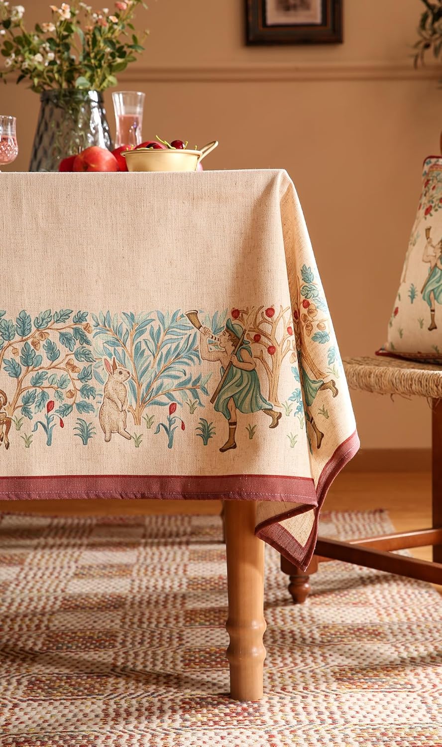 patdrea Designer Beige Extra Long Tablecloth for Rectangle Table,Vintage French Linen Trees Pattern Table Cloth,Decoration Cover for Kitchen Dining Christmas,Thanksgiving,63"x110"-Tatiana D