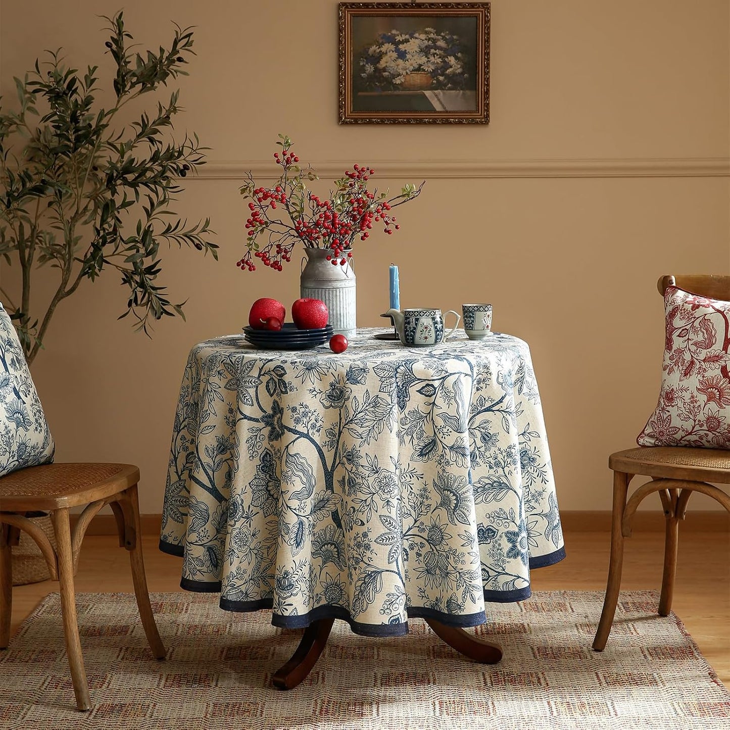 ISAENNE Designer French Linen Round Tablecloth,Blue Floral Washable Indoor Table Cloth,Durable Home Decor Tablecloths for Dining Thanksgiving Kitchen Party Christmas,Diameter 67"-Ruyi B