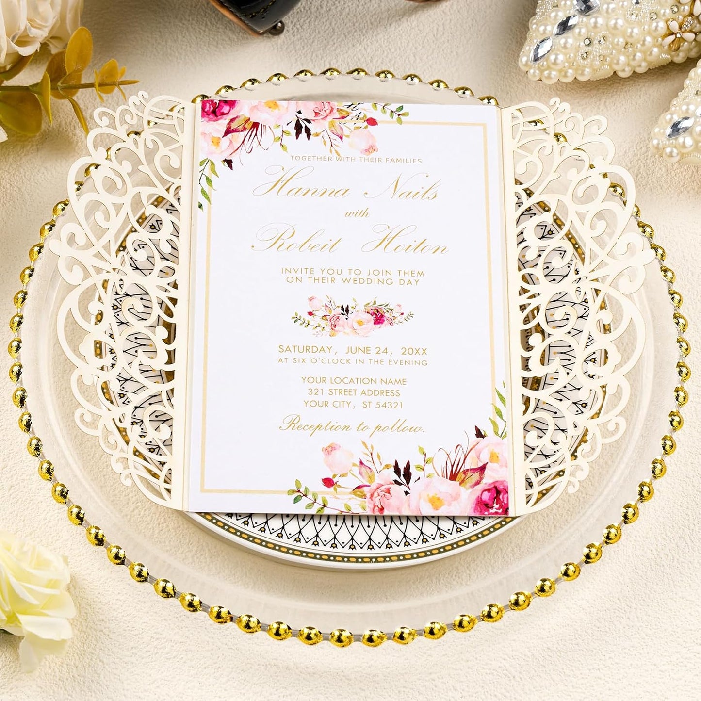 25pcs Personalized Wedding Invitations with Envelopes and RSVP Cards Blank Rose Gold 5×7 Glitter Laser Cut Invitation Pockets for Wedding Engagement Bridal Shower Birthday Quinceañera Anniversary