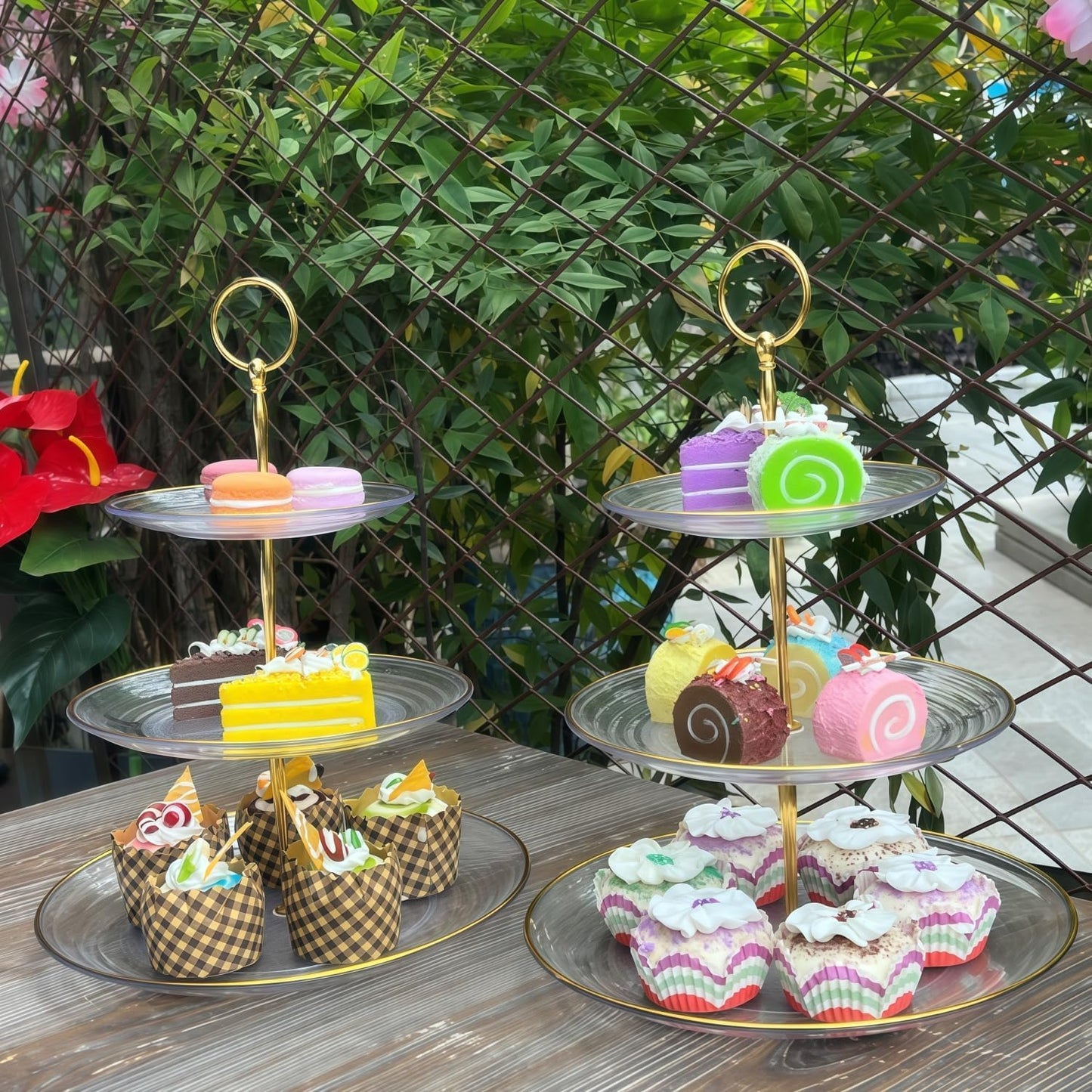 RAUVOLFIA 3 Tier Cupcake Stand, Small Tiered Serving Cake Stand, Transparent Plastic Dessert Stand, Weddings Parties Pastry Serving Tray (2 Pack, Clear Plate with Gold Rim)