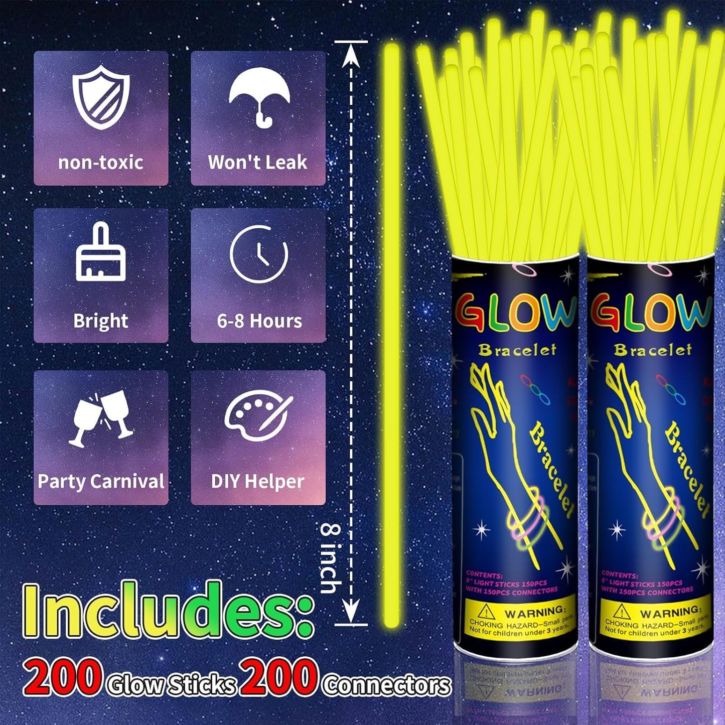 200 Pack 8'' Glow Sticks Bulk Party Favors Yellow Light Up Sticks with Connectors Neon Glow in the Dark Party Supplies Bracelets for Holiday Birthday Party Decoration(Yellow)