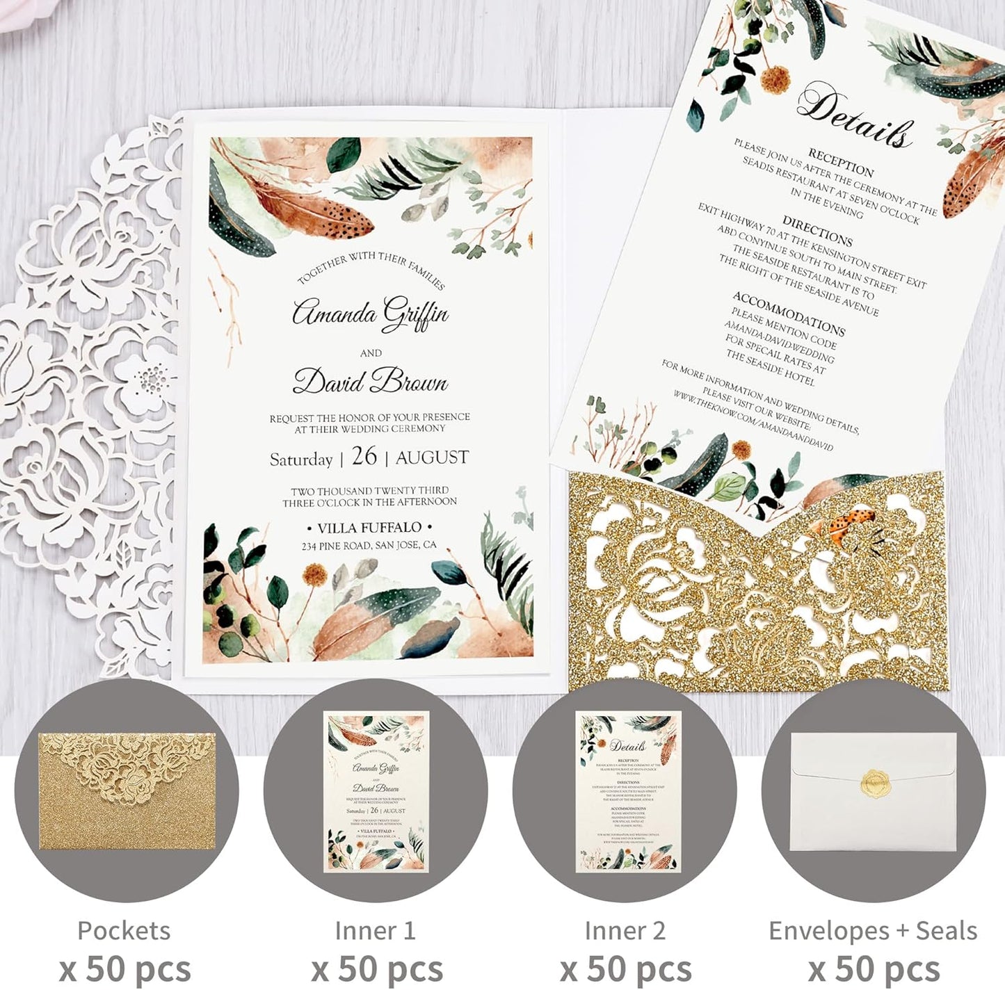 DORIS HOME 50pcs Laser Cut Wedding Invitations with Envelopes Gold Glitter, 4.7x7.1 Personalized Invitation Cards for Wedding, Anniversary Invitations with Envelopes