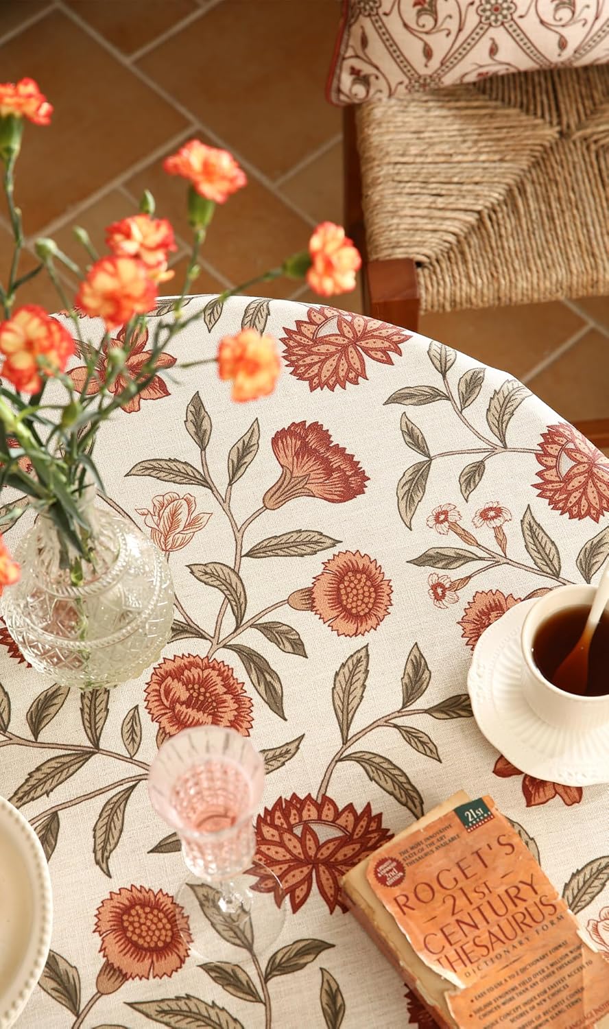 ISAENNE Designer French Small Round Tablecloth,Linen Orange Floral Pattern Indoor Table Cloth,Wrinkle Resistant Decor Table Cloth for Dining Thanksgiving Kitchen Party,Diameter 55"-Alvarado D