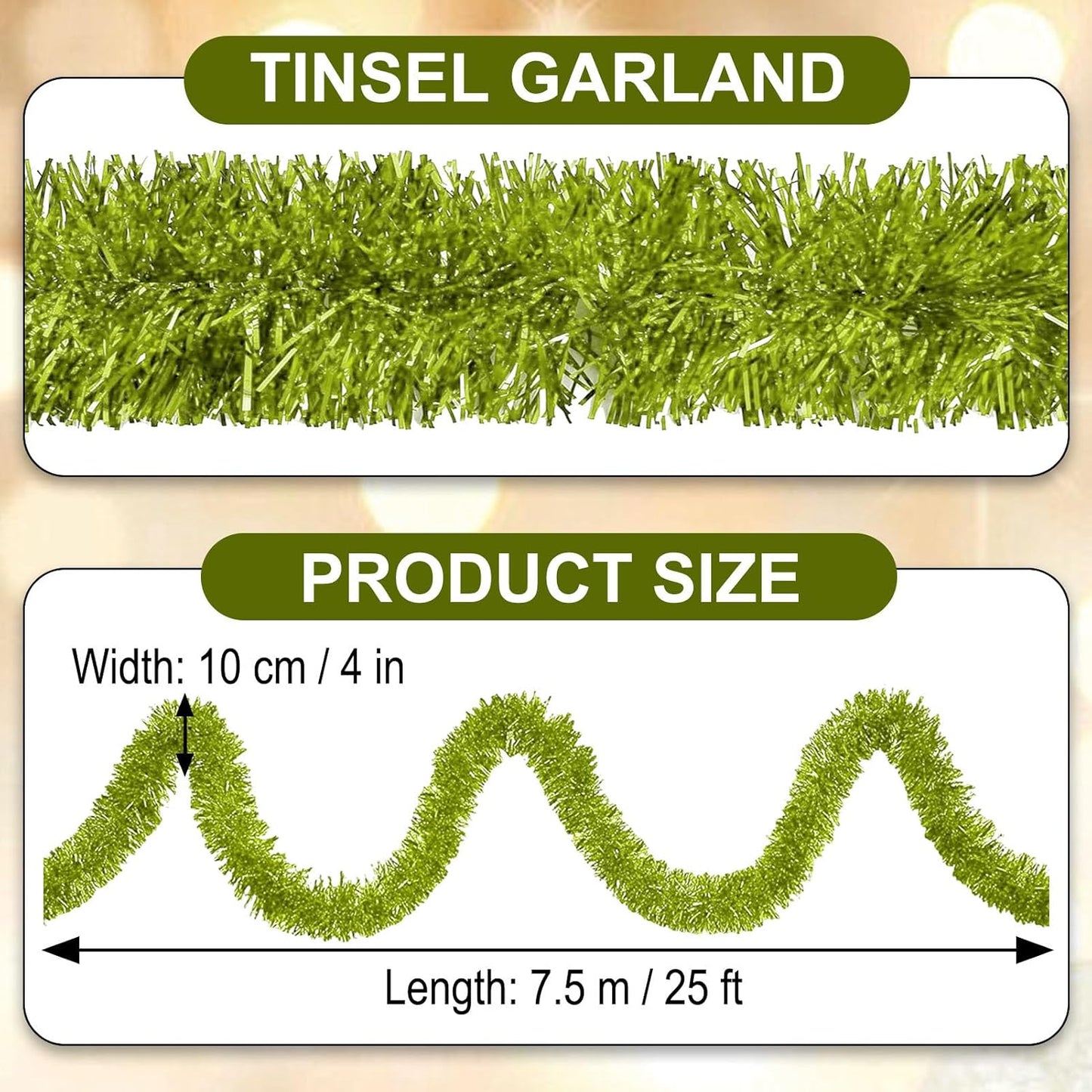 25 Feet Light Green Christmas Tinsel Garland, Metallic Foil Twist Garland Wall Hanging Tinsel Banner Backdrop for Parade Floats, Easter, Mother's Day, Birthday Party Decorations (4in x 25ft)