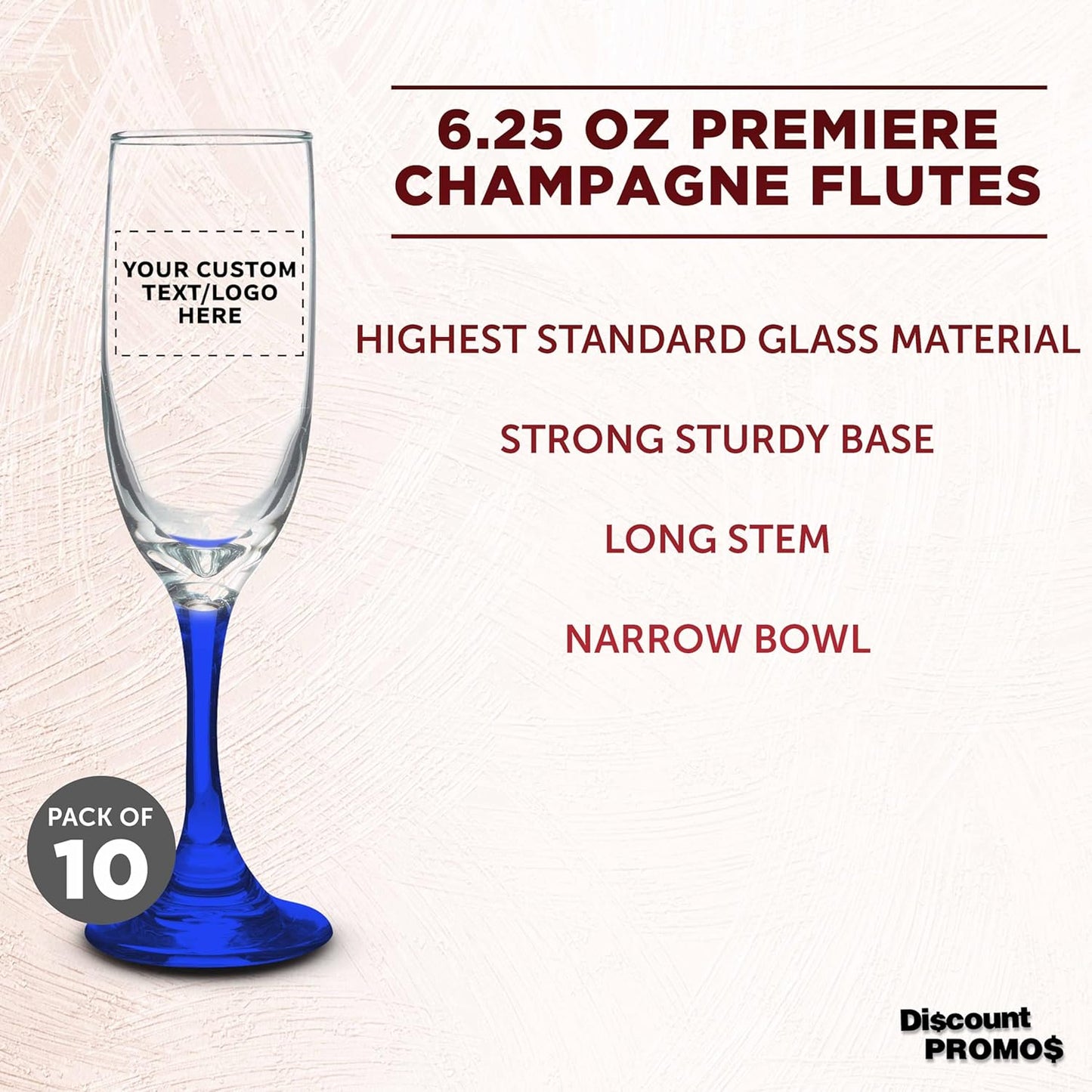 DISCOUNT PROMOS Custom Premiere Champagne Flutes 6.25 oz. Set of 10, Personalized Bulk Pack - Elegant Drinkware for Weddings, Events, & Promotional Gifts - Blue
