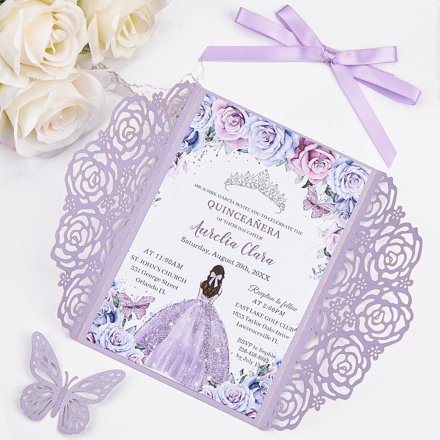 Purple Butterfly Laser Cut Wedding Invitations 50 Set, Hollow Out Rose Shaped Wedding Invites for Bridal Shower Quince Invitaciones Para Boda (Blank Inner Sheet, No Pattern)