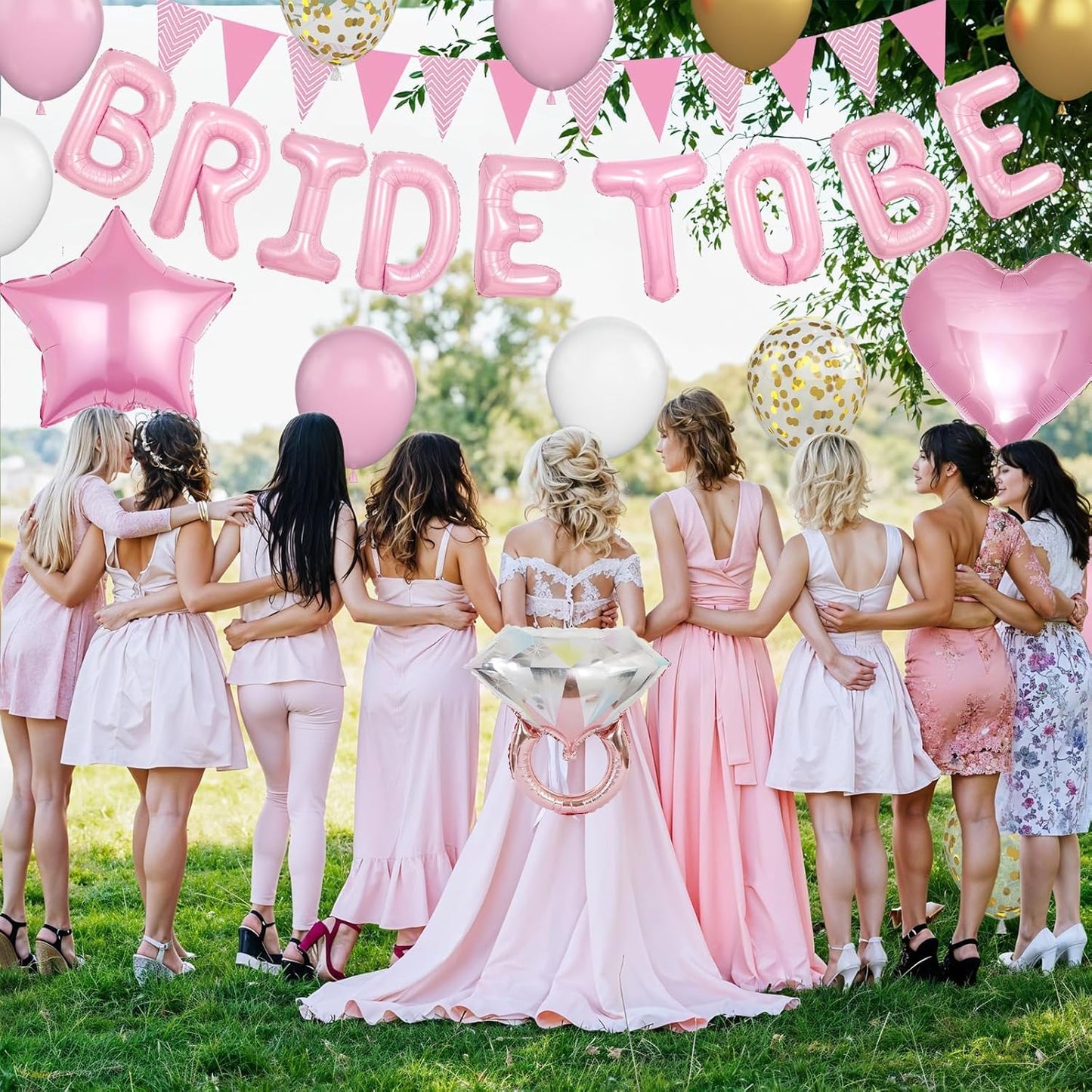 Pink and Gold Bachelorette Party Decorations, Pink Bride To Be Bridal Shower Balloons Decorations, Pink Gold Confetti Balloons with Diamond Ring Star Heart Balloon for Bachelorette Engagement Wedding