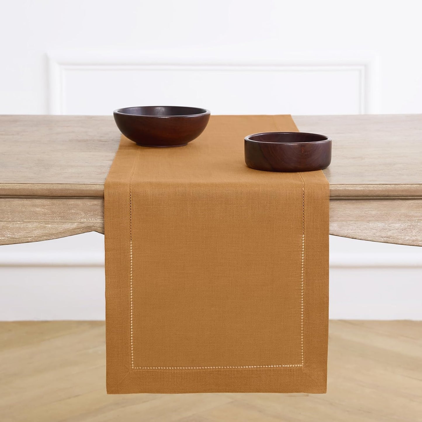 Solino Home Linen Brown Sugar Table Runner 120 Inches Long - 100% Pure Linen 14 x 120 Inch Table Runner for Fall, Autumn, Thanksgiving - Classic Hemstitch