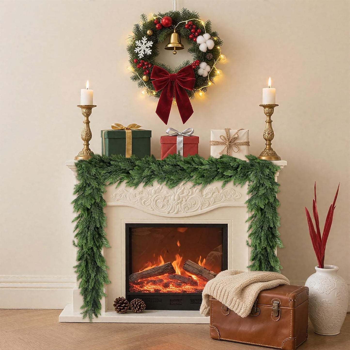 2PCS Christmas Cedar Garland 6FT Artificial Realistic Soft and Thickness Green Faux Cedar Pine Garlands, Holiday Xmas Decoration Stairs Wall Mantle Door Indoor Outdoor(2pcs, 6ft)