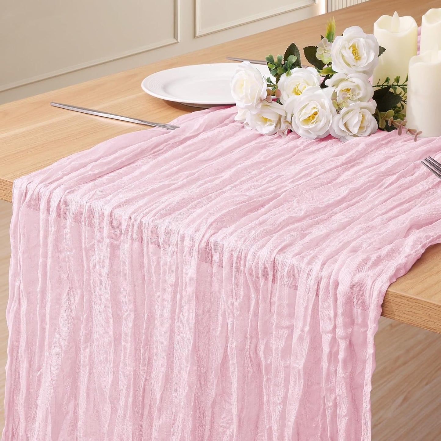 1 Pack Cheesecloth Table Runner 10Ft Christmas Gauze Boho Table Runners for Wedding Decor Bridal Shower Decorations Baby Shower Party(35" x 120")