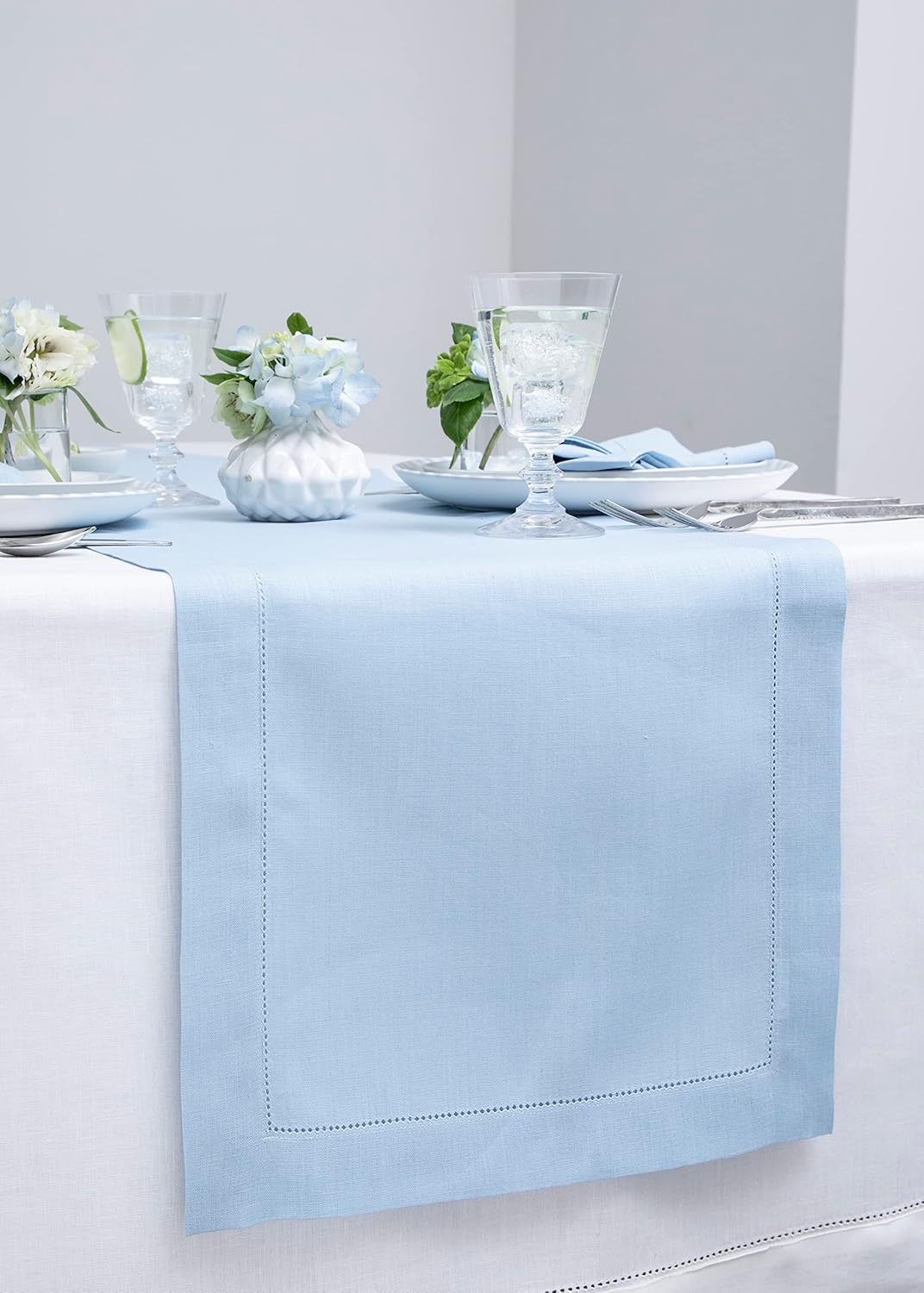 Solino Home Linen Sky Blue Table Runner 36 Inches - Classic Hemstitch, 100% Pure Linen Coffee Table Runner 14 x 36 Inch Ideal for Dresser Tables - Holiday