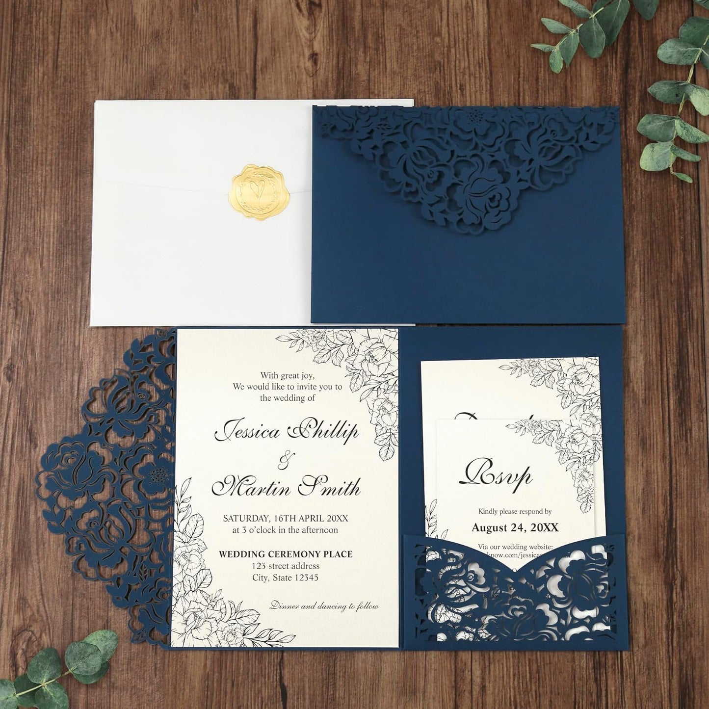DORIS HOME 50pcs Laser Cut Wedding Invitation Pockets with Envelopes Blue, 5.12" x 7.12"Invitation Cards for Wedding, Anniversary (No Inserts Included)
