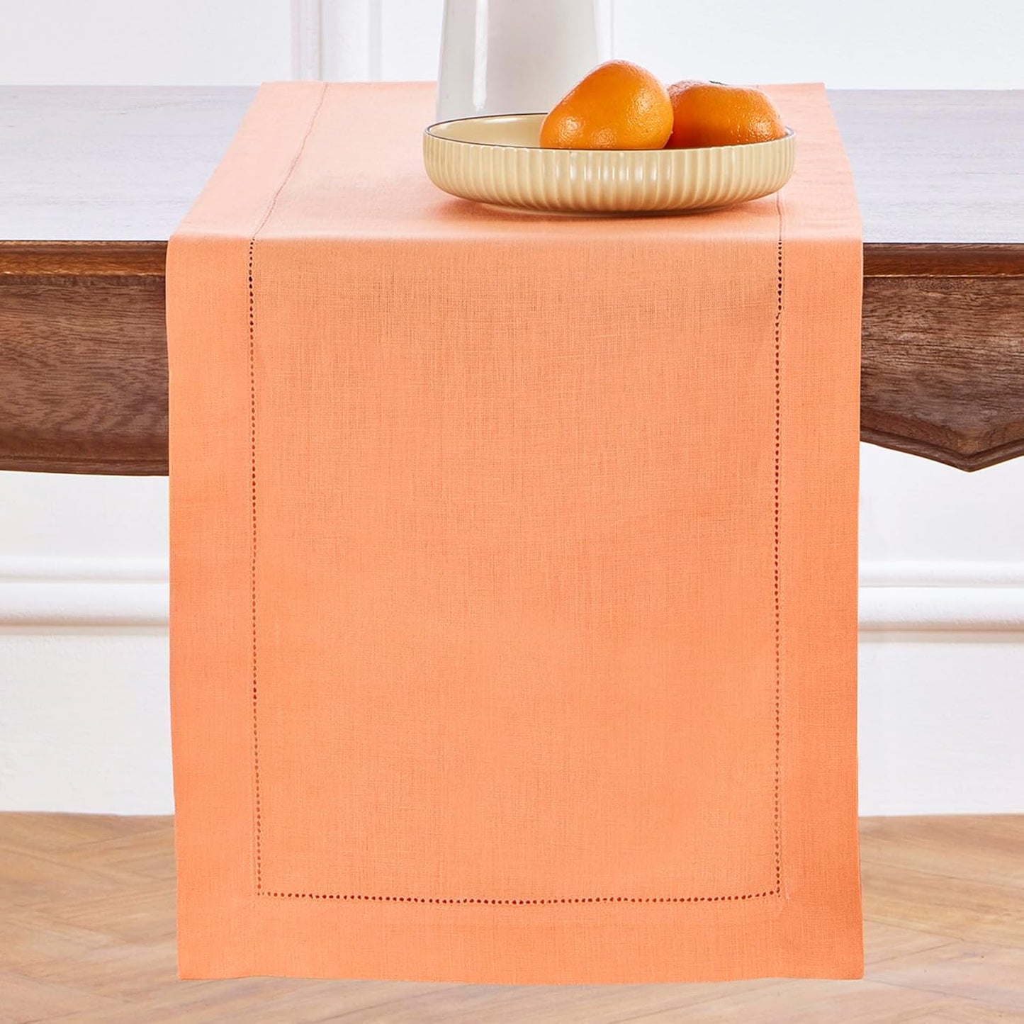 Solino Home Linen Coral Table Runner 144 Inches Long - 100% Pure Linen Extra Long Table Runner 14 x 144 Inch - Classic Hemstitch