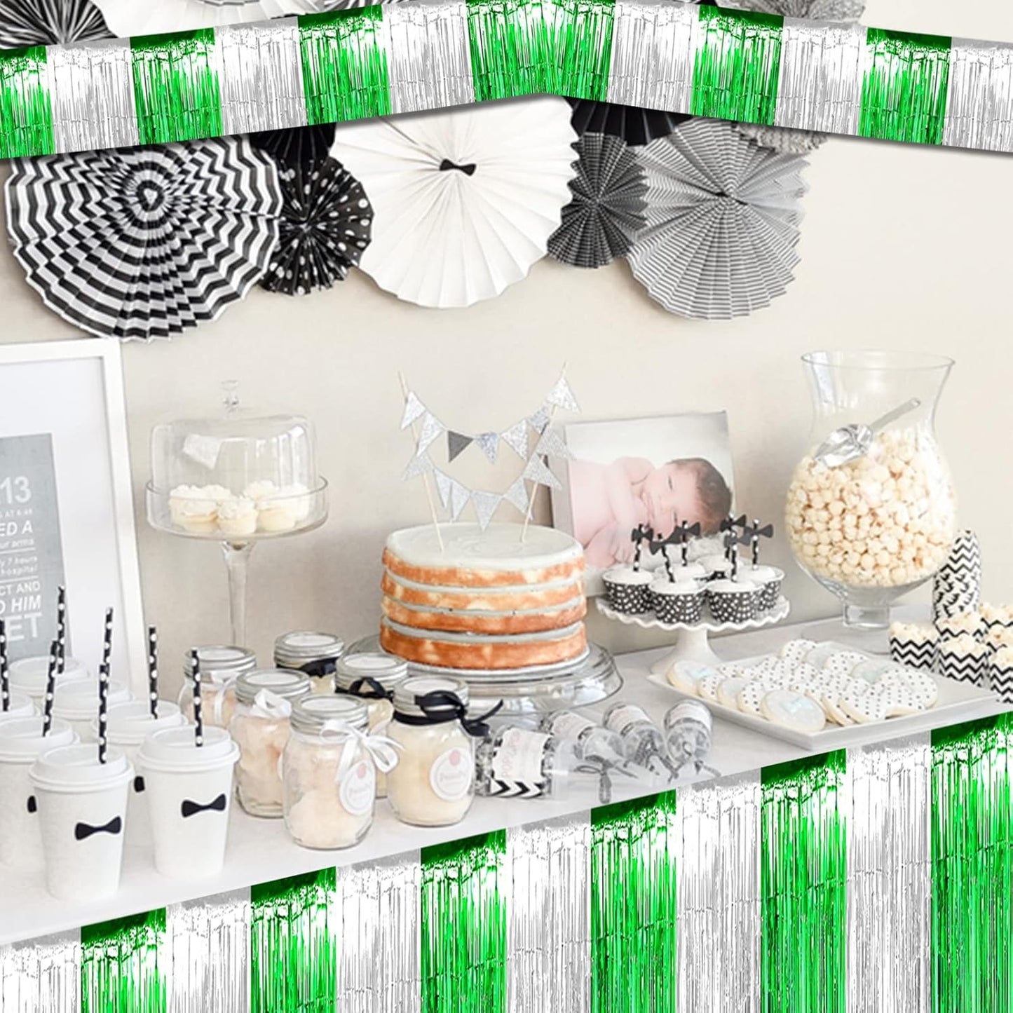 10 Pack 10 Feet Foil Fringe Garland Metallic Tinsel Streamers Banner Wall Hanging Backdrop for Parade Floats, Bachelorette, Wedding, Birthday, Mardi Gras St Patrick Day Party Decorations(Silver Green)