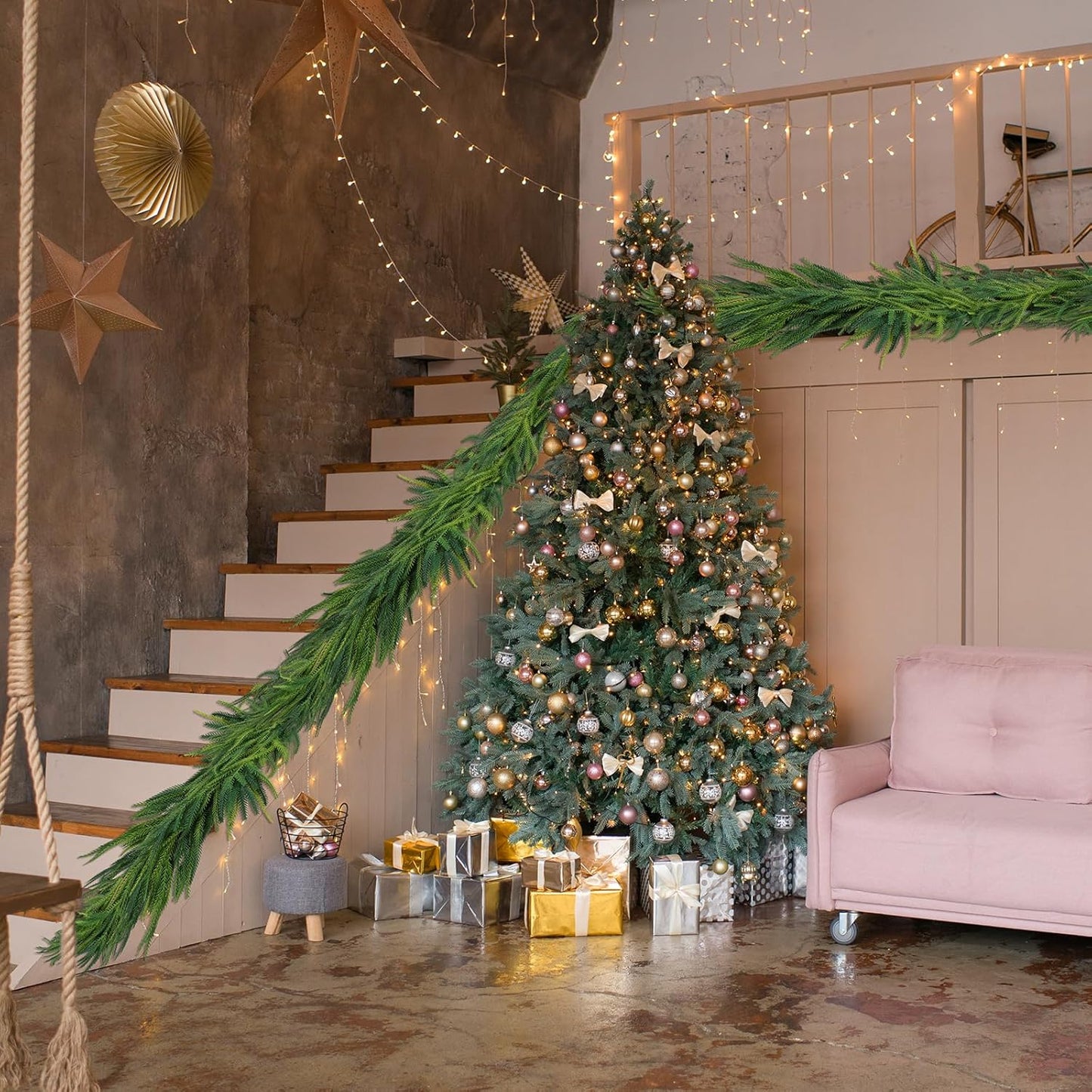 1 Pcs Artificial Norfolk Pine Garlands Christmas, 15 FT Dense Real Touch Winter Pine Garland Ornament, Green Artificial Greenery Garland for Table, Mantle, Wall, Indoor, Outdoor Christmas Decorations