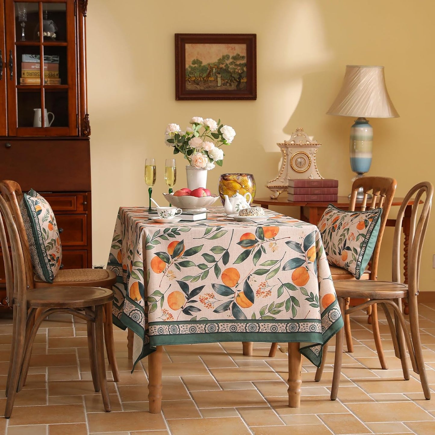 patdrea Designer Vintage Linen Rectangle Extra Long Table Cloth,Framhouse Oranges and Leaves Pattern French Tablecloth,Decor Cover for Kitchen Dining Christmas,Thanksgiving,63"x110"-Palladin a