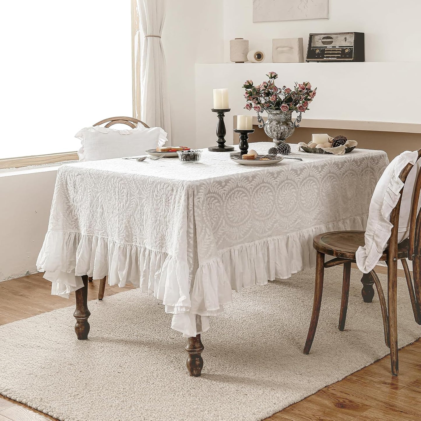 patdrea Vintage Ruffle Tablecloth for Rectangle Tables,Farmhouse Embroidered Cotton White Lace Table Cloth Cover Decor for Dining Room Wedding Banquet Thanksgiving Christmas,67"*106"