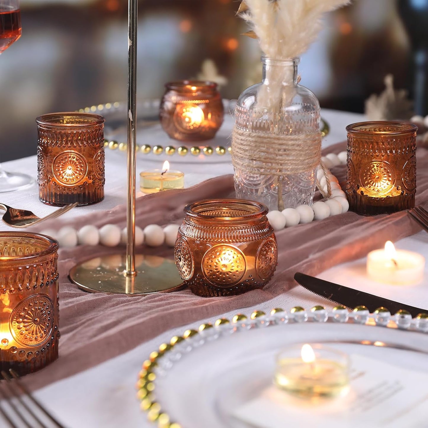 DARJEN 12Pcs Amber Votive Candle Holders - Vintage Glass Candle Holders for Flameless LED Tea Waxes, Tealight Candle Holder for Wedding & Home Table Decor, Vintage Parties